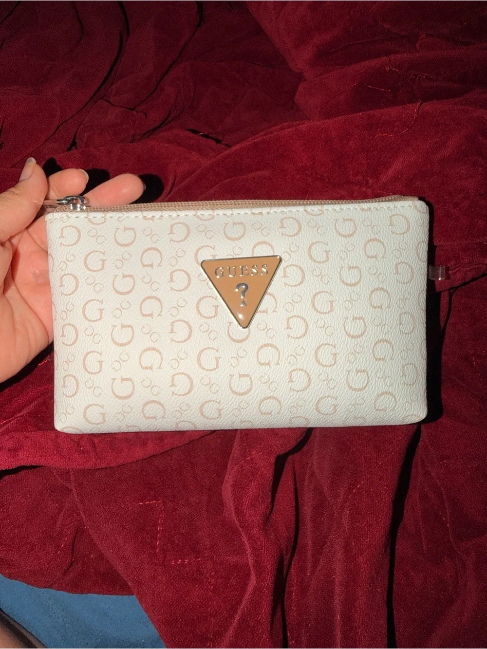 GUESS Cream Logo Zip Wristlet Clutch with Tan Badge